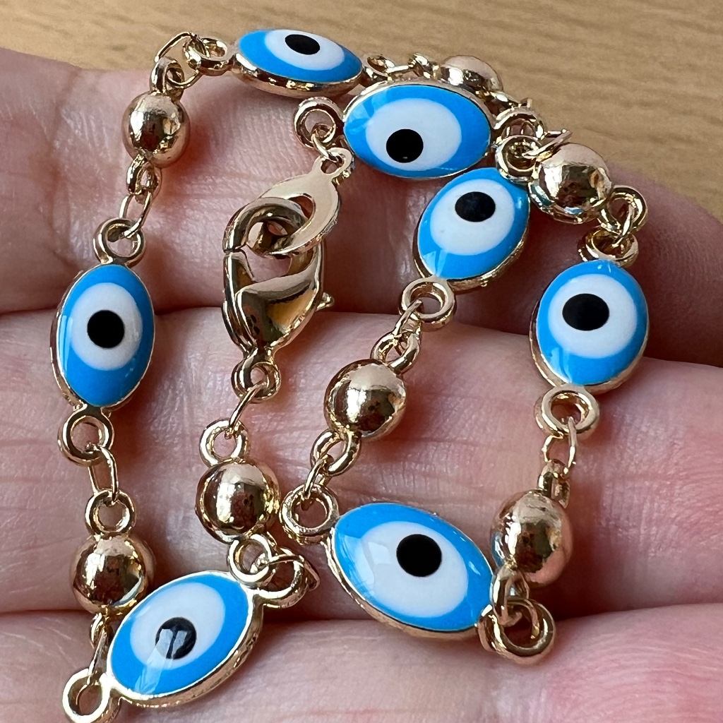 Vintage Blue Evil Eye Gold Tone Bracelet Tennis Style Large Lobster Lock 8”Long